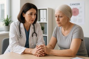 Oncologist treating a patient in a clinic in Auckland