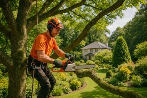 Arborist chopping down tree in garden in Auckland