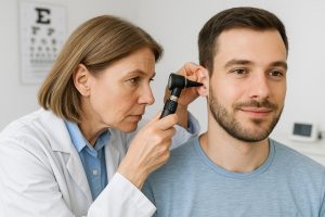 An audiologist examining a patients ear in Auckland