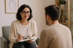 Image of a Mental Health practitioner listening to a patient