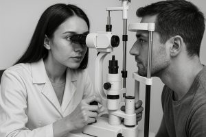 Optometrist examining a patient in New Zealand