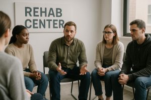 Image of a group discussion at a Rehabilitation centre in Auckland