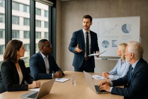 Image of a consultant helping clients in an office in Auckland