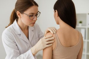 Dermatologist treating a female patient in New ZEaland