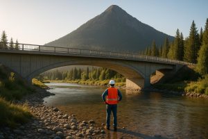 Engineer looking at the bridge he designed and built