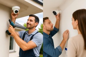 Image of a house having newly fitted security cameras getting fitted