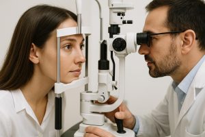 Optometrist examining a patient in New Zealand