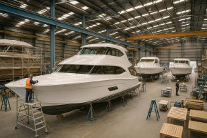 A boat yard building a high end yacht in Auckland