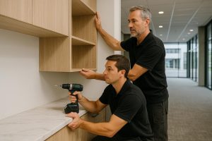 Cabinet makers fitting cabinet in Auckland New
